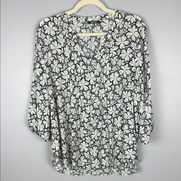Olsen Casual Floral Black White & Cream Relaxed Fit Blouse Size M/L 12 - Picture 2 of 10